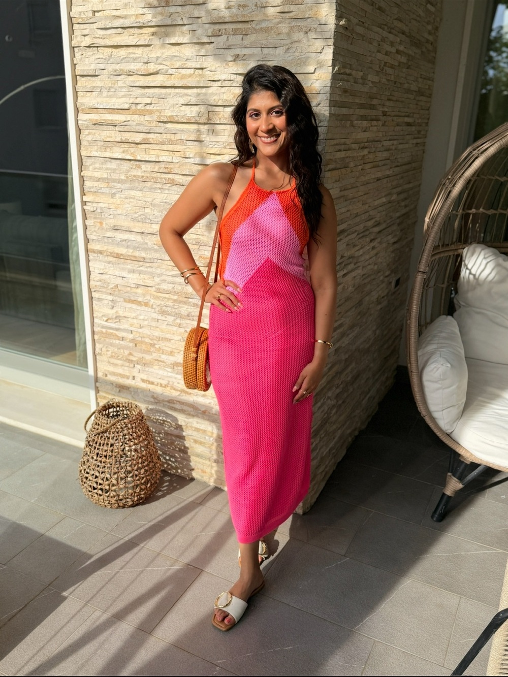 B.Right Crotchet Knit Halter Maxi Dress in Pink & Orange | Size S